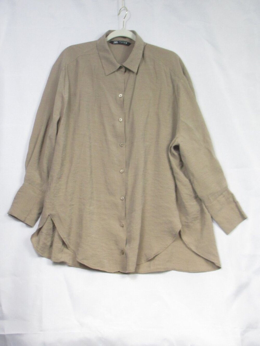 Zara Women's Button Down Shirt Taupe Hi Lo Oversized Modal Blend Size S